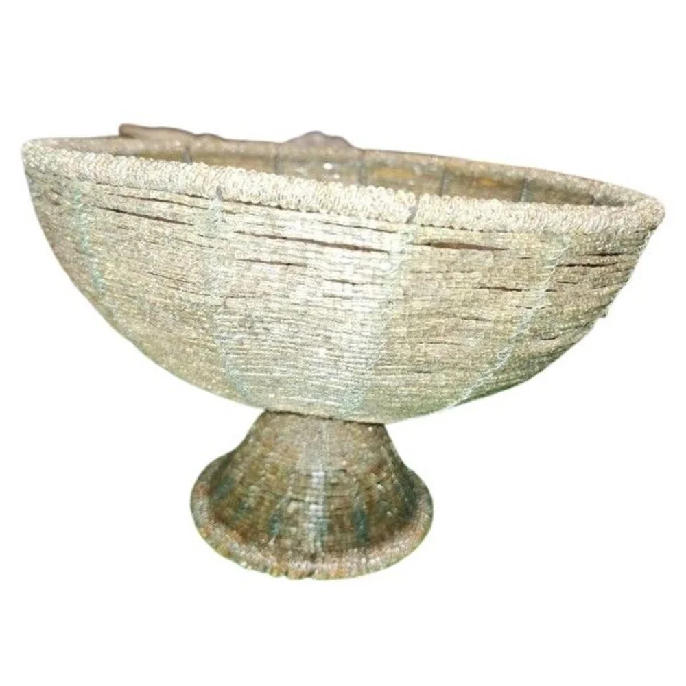 BC Decorative Amber/Silver Seed Bead Pedestal Wire Basket Bowl 7